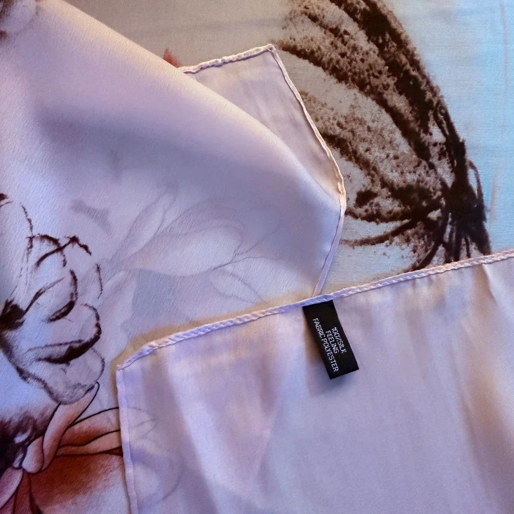 Pink Floral Silk Feel Polyester Scarf Rectangle Wrap‎ Made in China